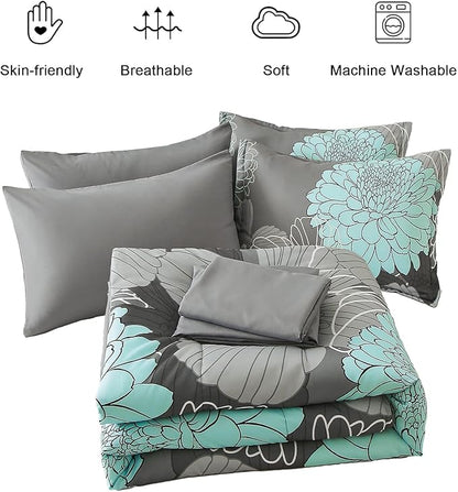 Yiran Floral Comforter Set 7 Piece Full Size Bed in a Bag Flower Comforter Soft Microfiber Bedding Set for All Season (Grey,90"x78")