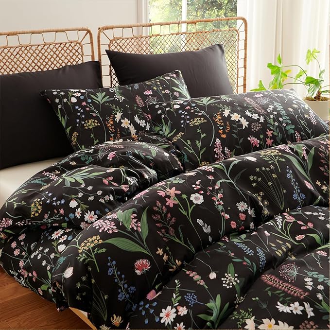 Floral Comforter Set Queen Black 3 Pieces Elegant Botanical Flower Bedding Set Farmhosue Aesthetic Bedding Soft Microfiber Down Alternative Comforter with 2 Pillowcases