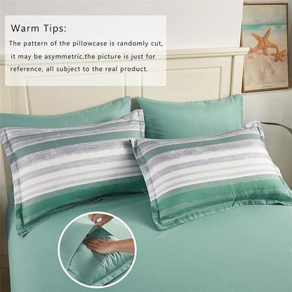 KAKIJUMN 7 Piece Bed in a Bag Stripe Comforter Set Full Size, White Grey Sage Green Patchwork Striped Comforter and Sheet Set, All Season Soft Microfiber Complete Bedding Set(Green,Full)