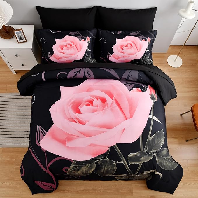 Xruibed Blush Comforter Set Queen 7 Piece Bed in a Bag Blush Rose Flower Comforter with Sheet Set Soft Micorfiber Bedding Set (1 Comforter,2 Pillow Shams,1 Flat Sheet,1 Fitted Sheet,2 Pillowcases)