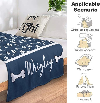 Artsadd Personalized Paw Print Dog Blanket with Pets Name, Custom Name Blanket for Small Dogs, Flannel Puppy Blanket, Memorial Gifts for Loss of Dog, Pet Loss Sympathy Remembrance Gifts