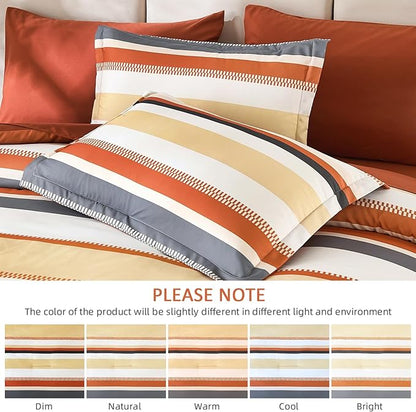 WONGS BEDDING King Size Comforter Set, 7 Pieces Bed in a Bag Orange Bed Set, Soft Boho Striped Bedding Sets with Sheets, Pillowcases & Shams