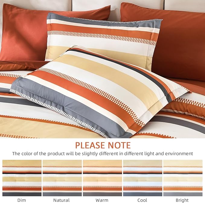 WONGS BEDDING Queen Size Comforter Set, 7 Pieces Bed in a Bag Orange Queen Bed Set, Soft Boho Striped Bedding Sets with Sheets, Pillowcases & Shams