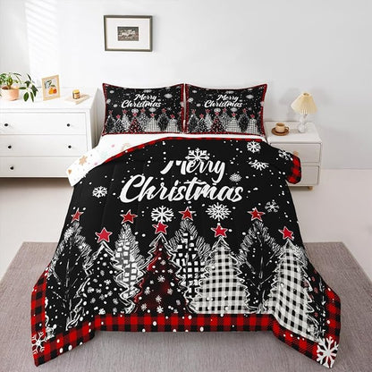 Christmas Tree Bedding Sets Full Size,Red Black Checkered Comforter Set 3Pcs for Kids Girls Boys Women Room Decor,Winter Snoweflake Quilted Duvet Retro Xmas Pine Down Comforter,2 Pillowcases