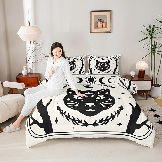 Erosebridal Gothic Cat Comforter Set Twin, Halloween Cat Decor Bedding Set for Kids Boys Teens Men Gothic Bedroom Decor, Goth Comforter, Sun and Moon Quilt, 2 Piece with 1 Pillowcase