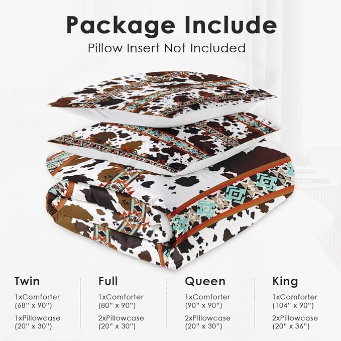 Full Size Comforter Set with 2 Pillowcases, Cow Brown Cowhide 3 Pcs Bedding for Kids and Adults, Vintage Retro Animal Soft Comforter Set for Bedroom Bed Decor