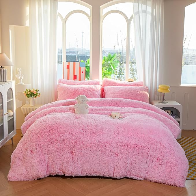 chovy Faux Fur Plush Light Pink Comforter Sets King - Ultra Soft Shaggy Flannel Velvet Fluffy Fuzzy 3PC Bedding Set （Comforter x 1 Pillowcases x 2）