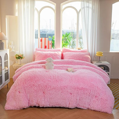 chovy Faux Fur Plush Light Pink Comforter Sets King - Ultra Soft Shaggy Flannel Velvet Fluffy Fuzzy 3PC Bedding Set （Comforter x 1 Pillowcases x 2）