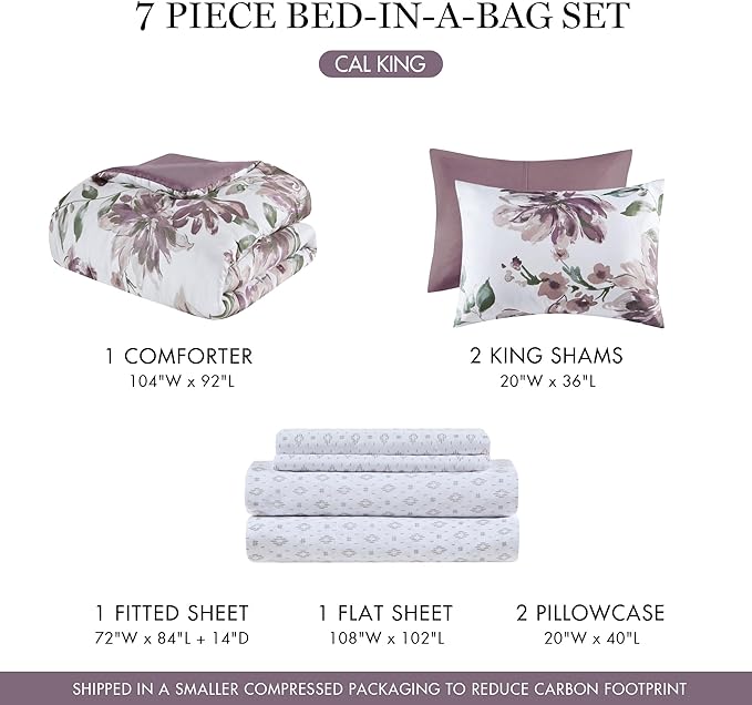 Madison Park Cal King Comforter Set with Sheets, Floral Print, Microfiber Comforter for a King-Size Bed, Shabby Chic Bed in a Bag Set Diamond Printed Sheet, Alice, Cal King Mauve 7 Piece