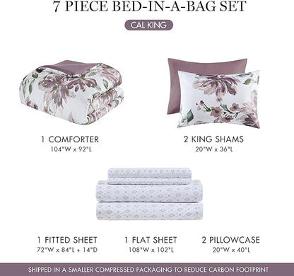 Madison Park Cal King Comforter Set with Sheets, Floral Print, Microfiber Comforter for a King-Size Bed, Shabby Chic Bed in a Bag Set Diamond Printed Sheet, Alice, Cal King Mauve 7 Piece