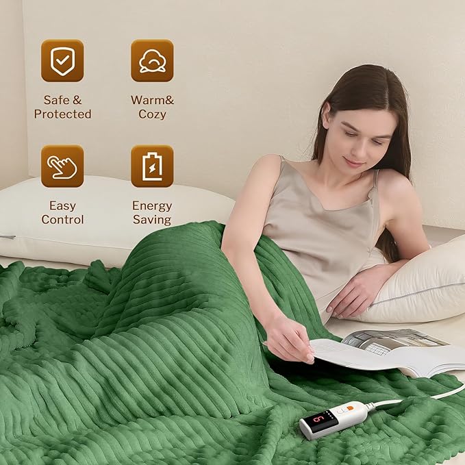 Reaks Electric Heated Blanket Full Size, Silky Soft Flannel & Sherpa Heating Blanket with 9 Heat Levels & 2-10 Hours Auto Off, Warm Gifts for Women Mom Grandma, ETL Certified (72x84 inches, Green)