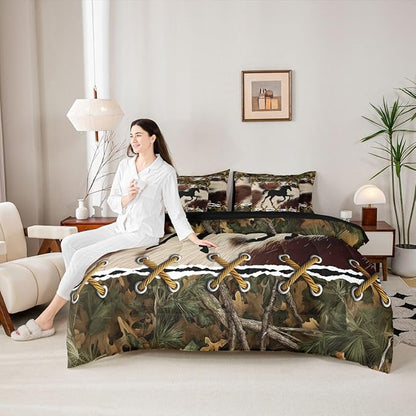 Erosebridal Camo Twin Comforter Set with Sheets | Western Horse 7 Piece Bedding Set Mens Camouflage Country Bed in a Bag, Farmhouse Woodland Animals Room Decor,Rustic Cabin Decor Camo Bed Set