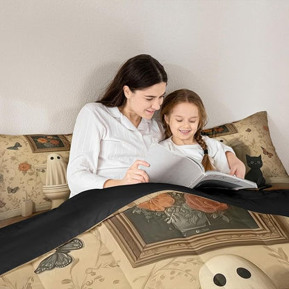 Erosebridal Halloween Cat Queen Comforter Set, Halloween Ghost Bedding Set, Vintage Bohemia Comforter, Retro Antumn Funny Gothic Quilt for Kids Boys Girls Women Men Gothic Bedroom Decor, Microfiber