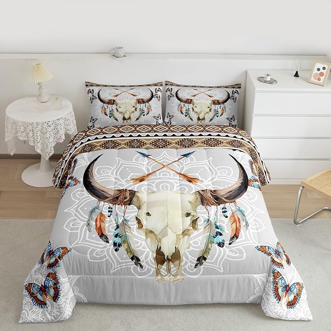 Western Bull Skull Comforter Set Queen Size,Tribal Arrow Feather Butterfly Bedding Set,Mandala Floral Print Quilt Set for Kids Girls Boys Room Decor,Vintage Boho Brown Grey Duvet Insert 3Pcs