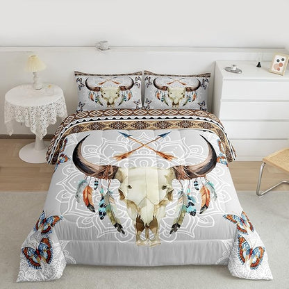 Western Bull Skull Comforter Set Queen Size,Tribal Arrow Feather Butterfly Bedding Set,Mandala Floral Print Quilt Set for Kids Girls Boys Room Decor,Vintage Boho Brown Grey Duvet Insert 3Pcs