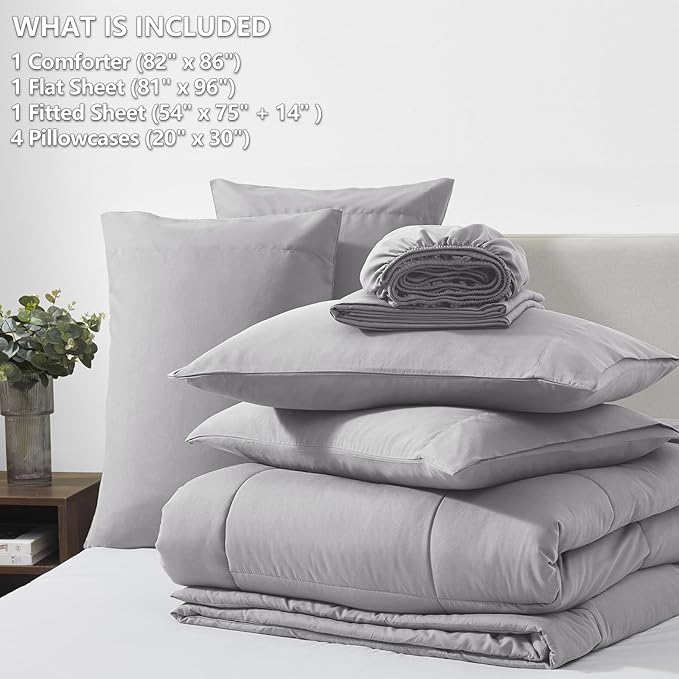 CozyLux Full Size Comforter Sets Grey, 7 Pieces Bed in a Bag, Gray Comforter Full Size, All Season Bedding Sets with Stitch Quilted Comforter, Flat Sheet, Fitted Sheet, Pillowcases