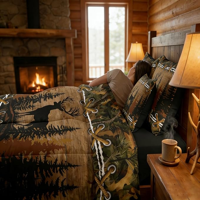 Deer Bed in a Bag King Size Comforter Set 7 Pieces | Country Camo Bedding Sets Mens Elk Moose Comforter and Sheet Set, Deer Bedding Sets Woodland Animals Farmhouse Bed Sets,Cabin Hunting Decor