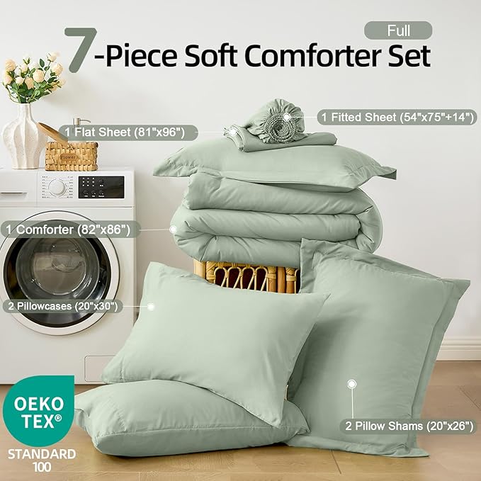 FUANNA Full Size Comforter Sets Sage Green, 7 Pieces Soft Bed in a Bag Full, All Season Lightweight Bed Sets with Comforter, Flat Sheet, Fitted Sheet, Pillowcases & Shams