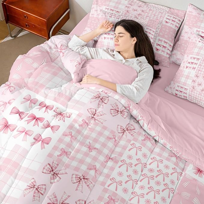 Feelyou Pink Bow Comforter Set with Sheets 7 Piece Queen Size Princess Bow Bed in a Bag Kids Boys Girls Cute Bowknot Bedding Set Kawaii Bedroom Decor Breathable Soft Lightweight Microfiber