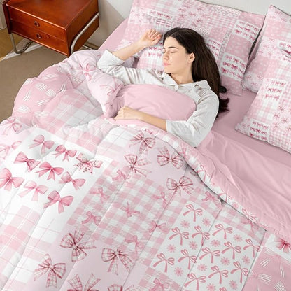 Feelyou Pink Bow Comforter Set with Sheets 7 Piece Twin Size Princess Bow Bed in a Bag Kids Boys Girls Cute Bowknot Bedding Set Kawaii Bedroom Decor Breathable Soft Lightweight Microfiber