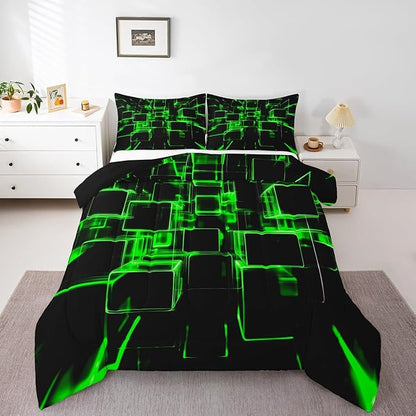 Erosebridal Fluorescent Green and Black Kids Comforter Set, Modern Geometric Square Bedding for Boys Girls Gradient Neon Light Honeycomb Duvet Set Queen 3 Pieces