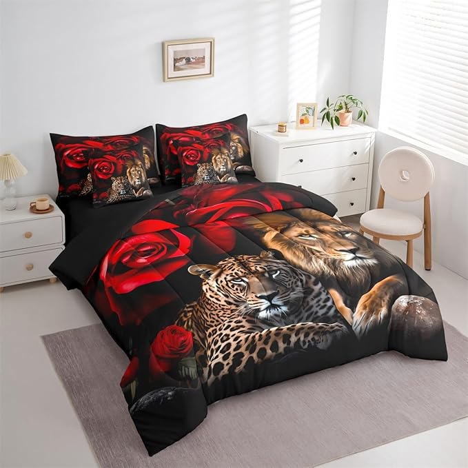 Feelyou Lion Tiger Comforter Set Twin Size 7 Pieces Girls Rose Floral Wild Animal Bed in a Bag Kids Romantic Flower Bedding Set Wildlife Bed Set with Comforter, Sheet Set, Pillowcases, Pillow Covers