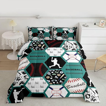 Erosebridal Boys Comforter Set Full,Baseball Sports Bedding Comforter Set Full for Kids,Baseball Player Bat Bedding,Geometric Ball Game Duvet Insert with 2 Pillowshams All Season,Green White Black