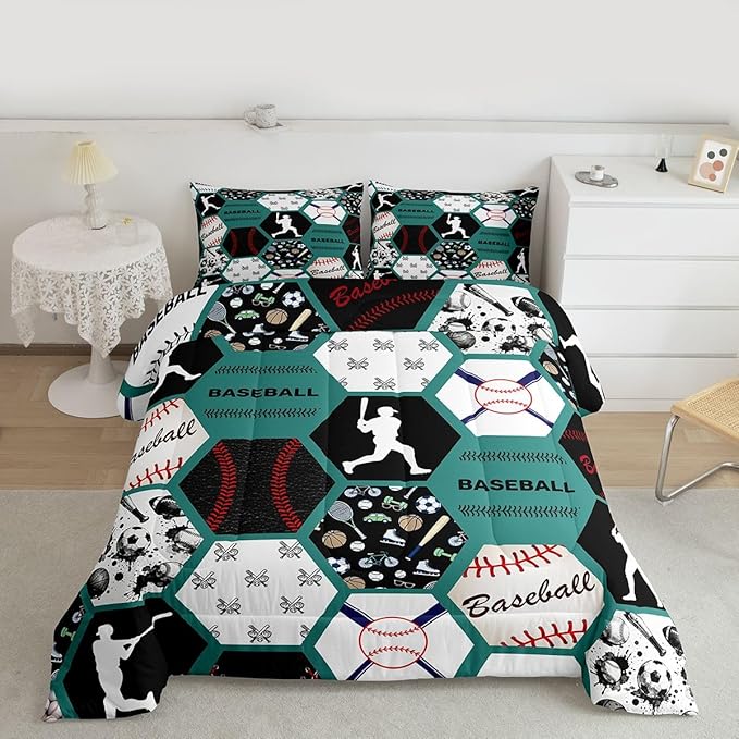 Erosebridal Sports Bedding Set for Kids Boys Girls,Baseball Comforter King,Geometric Hexagonal Honeycomb Comforter Sets,Ball Game Printed Patchwork Duvet Insert with 2 Pillowcases,Green White Black
