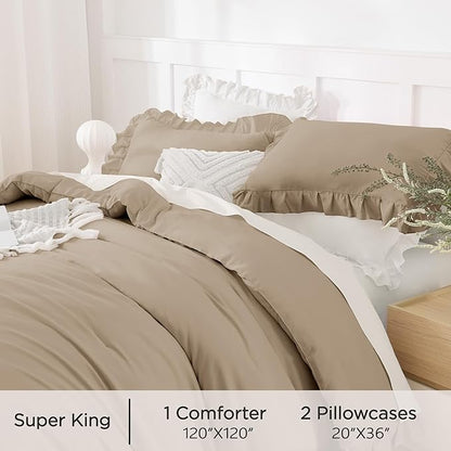 Andency Oversized King Ruffle Comforter Set 120x120, 3 Pieces Taupe Lightweight Fluffy Super King Bedding Set, Shabby Chic Famhouse All Season Bed Set for Girls Women
