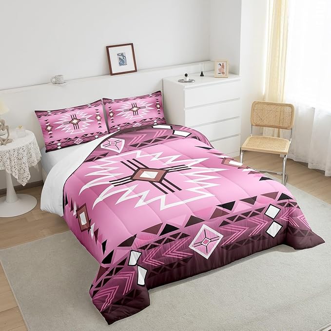 Pink Western Comforter Set Twin Size,Southwestern Cowgirl Bedding Set,Aztec Quilt Ethnic Tribal Arrow Quilt Set Kids Girls Women Teens Room Decor,Retro Countryside Duvet Insert,1 Pillowcase