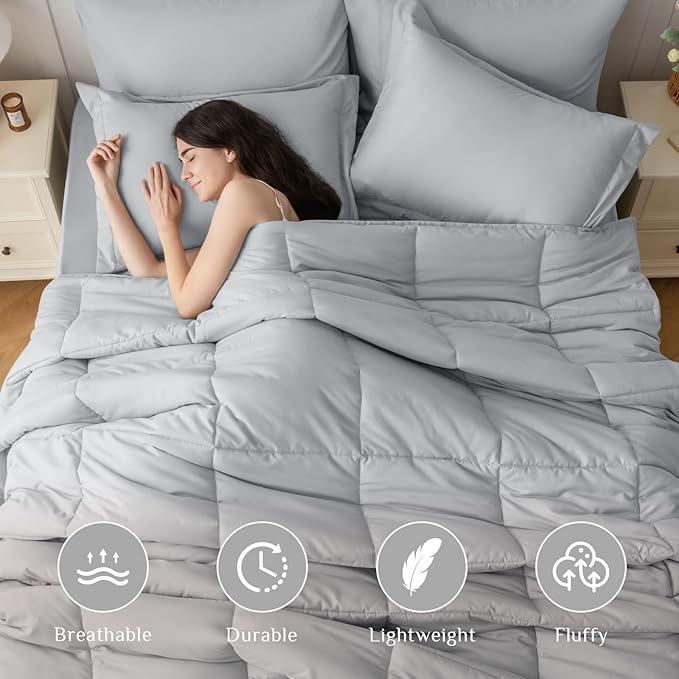 JOLLYVOGUE California King Comforter Set, Ultra-Soft Bed in a Bag Cal King Size 7 Pieces, Oeko-TEX Certified Bedding Set with Down Alternative Comforter, Sheets, Pillowcases & Shams, Light Grey