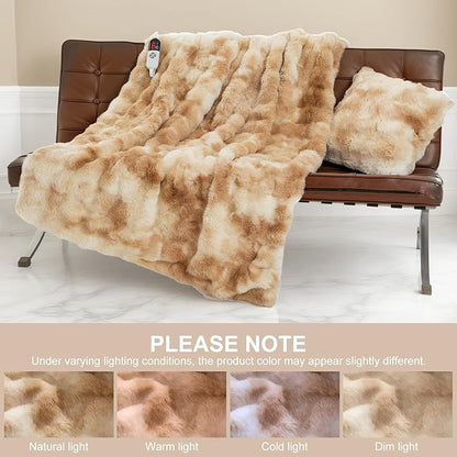 Faux Fur Electric Blanket Twin Size 62"X84" - Bubble Heated Blanket Fluffy Soft Fuzzy with 6 Fast Heating Levels & 10 hrs Timer Settings, Washable & ETL Certified for Office Bed, Tie-Dye Beige