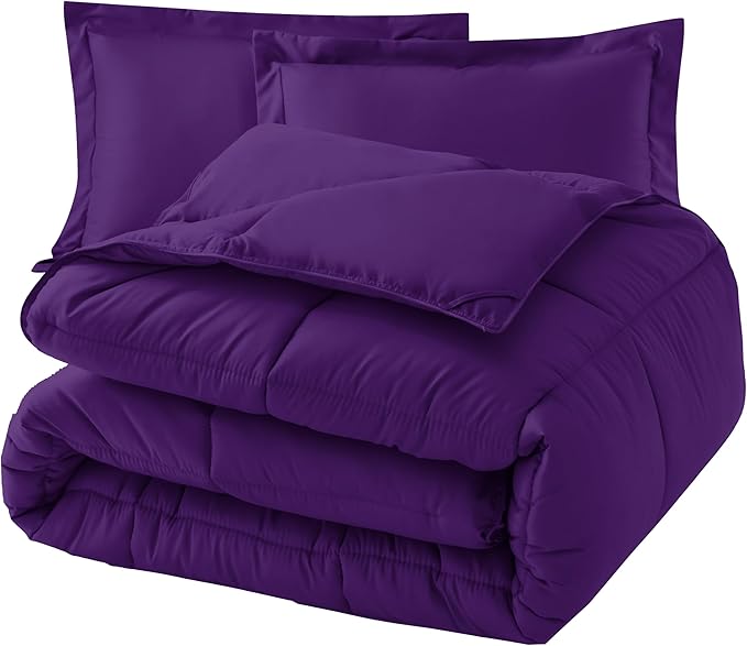 Elegant Comfort 3-Piece Box Stitched Down Alternative Comforter with Shams - Ultra Soft for All Season Duvet Insert with Corner Tabs, Plush Cozy 3PC Comforter Set, Twin, Purple