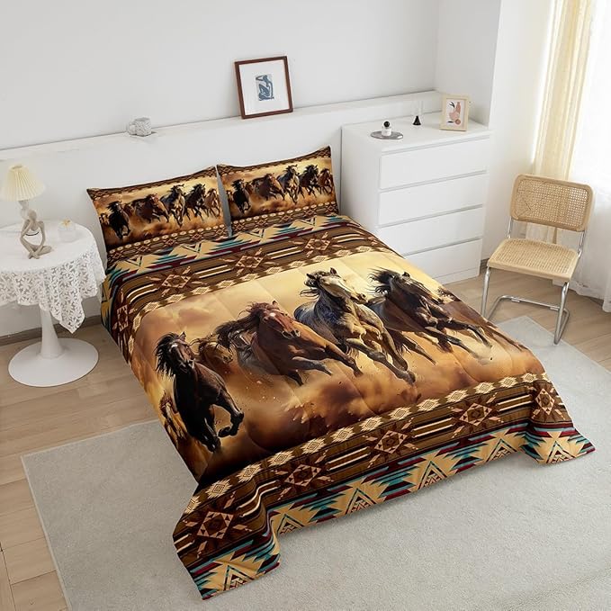Feelyou Boho Comforter Set Twin Size Horses Comforter Southwestern Native Aztec Bedding Set Retro Exotic Boho Duvet Set Room Decor Dark Brown Quilt Set