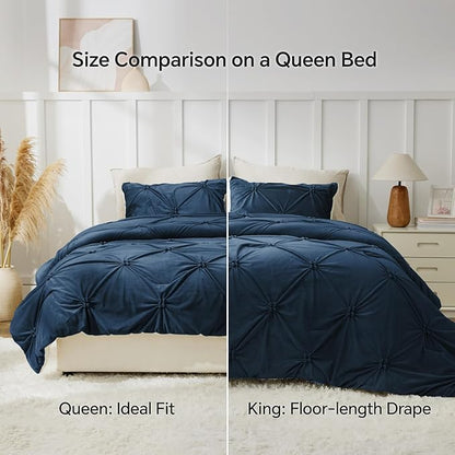 BEDELITE Pintuck Fluffy King Size Comforter Set - Super Soft Sherpa Navy Comforter for King Size Bed, Luxury Warm Bedding Set for Winter, Fuzzy Bed Set 3 Pieces (1 Comforter, 2 Pillowcases)