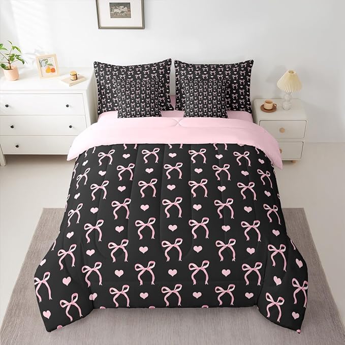 Erosebridal Love Hearts Bowknot Black Pink King 7-Piece Comforter Set | Bow Kawaii Cute Dreamy Sheets and Pillowcases Ribbon Girly Kids Bed in A Bag Teens Adults Women Bed Sets