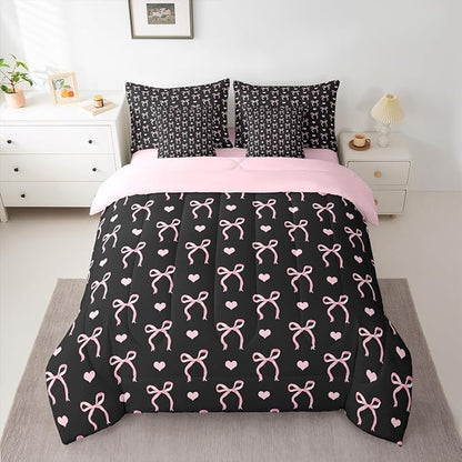 Erosebridal Love Hearts Bowknot Black Pink 7 Piece Bedding Set Twin | Bow Kawaii Cute Dreamy Comforter Set with Sheets Ribbon Girly Kids Bed in A Bag Teens Adults Women Bed Sets