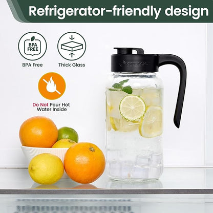Mason Jar Pitcher - Airtight & Leakproof Glass Pitcher with Lid, Perfect for Breastmilk, Cold Brew, and Sun Tea, 2 Quart (64 oz) Mason Jar with Pour Spout Lid