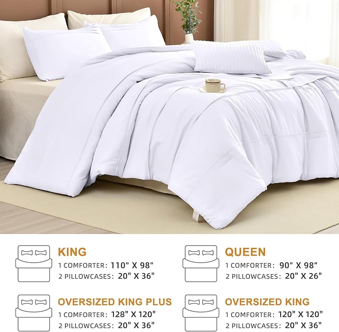 Masaca White Oversized King Comforter Set 120x120,Pinch Pleated Textured California King Bed Comforter Set Rustic Boho Microfiber Extra Large Bedding 3PCS