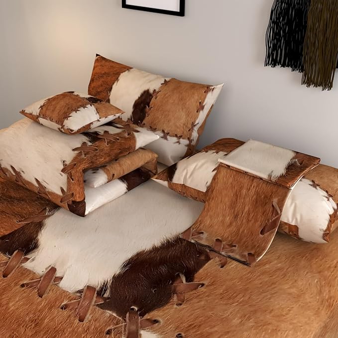 Namoxpa6 Pieces Cow Comforter Sets,3D Brown Vintage Retro Cowhide Pattern,Decorative 6 Piece Bedding Sets with Comforter,Flat Sheet,Fitted Sheet,Throw Pillow Cover,Pillow Shams,Queen Size