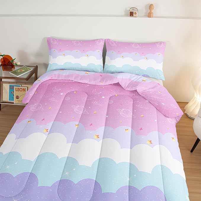 HOSIMA Galaxy Comforter Rainbow Twin Bedding Sets for Girls,Cloud Stars Twin Bed in a Bag Cute Stuff for Teen Girls Bedroom,Coquette Comforter Princess Toddler Bedding Set Kawaii Room Decor.
