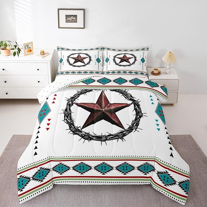 Erosebridal Western Decor King Comforter Set Boho Aztec Bedding Set for Kids Teens Adult Bedroom, Southwestern Texas Star Bedding Comforter Sets Exotic Tribal Geometric Quilt with 2 Pillow Cases