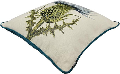 McAlister Textiles Decorative Tapestry Throw Pillow Cover Scatter Cushion with Blue Green Thistle Tapestry Design & Green Velvet Backing for Lounge, Bedroom & Garden