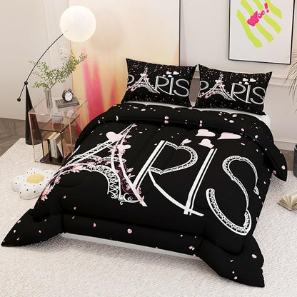 Paris Eiffel Tower Theme Comforter Set, 3D Black Pink Pattern for Kids Teens Adults,Decorative Bedding Comforter Sets with 2 Pillow Shams, King Size