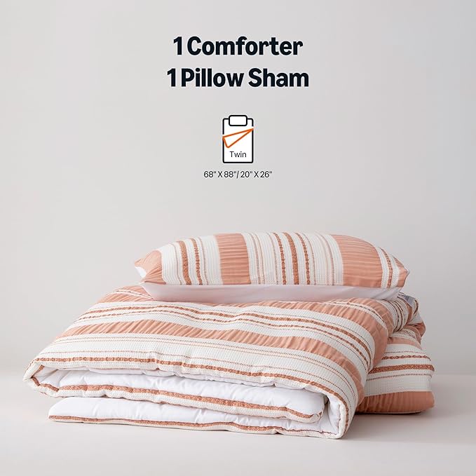 Amazon Basics Comforter Set, 2-Piece Jacquard Microfiber Comforter and Pillow Sham, All-Season Bedding, Twin, Pink Striped