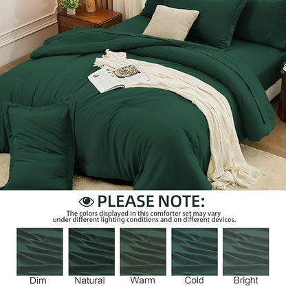 FUANNA Full Size Comforter Sets Emerald Green, 7 Pieces Soft Bed in a Bag Full, All Season Lightweight Bed Sets with Comforter, Flat Sheet, Fitted Sheet, Pillowcases & Shams