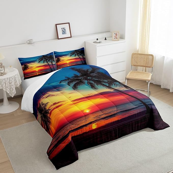 Erosebridal Palm Leaf Comforter Set Queen Size, Ocean Beach Down Comforter, Nature Theme Duvet Set, Sunset Bedding Set for Bedroom Decorative, Hawaiian Quilted Duvet, Soft Bedding Collection