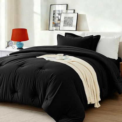 Twin Comforter Set 5 Pieces - Ultra-Soft Bed in a Bag Twin Size, Cozy Luxury All Season Bedding Sets with Comforter, Flat Sheet, Fitted Sheet, 1 Pillow Shams & 1 Pillowcases, Black
