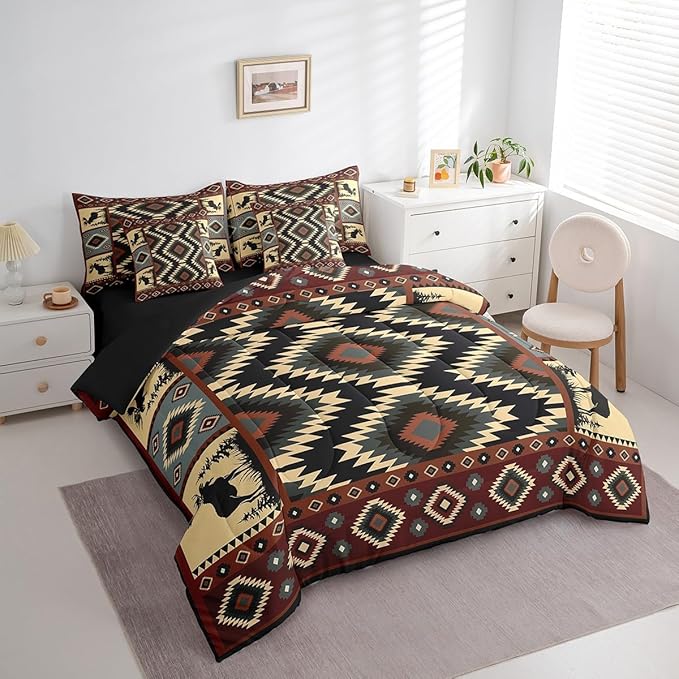 Erosebridal Buffalo Southwest Rustic 7-Piece Comforter Set King,Country Farmhouse Aztec Bedding Set for Teens Adult,Tribal Deer Sheets Wildlife Hunting Theme Duvet Insert Western Cabin Decor