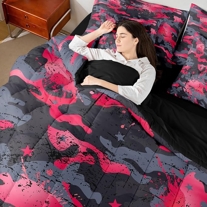 Erosebridal Graffiti King Comforter Set Camouflage 7-Piece Bed in A Bag Ombre Statrs Camo Watercolor Grunge Sheets and Pillowcases Grey Pink Bed Sets